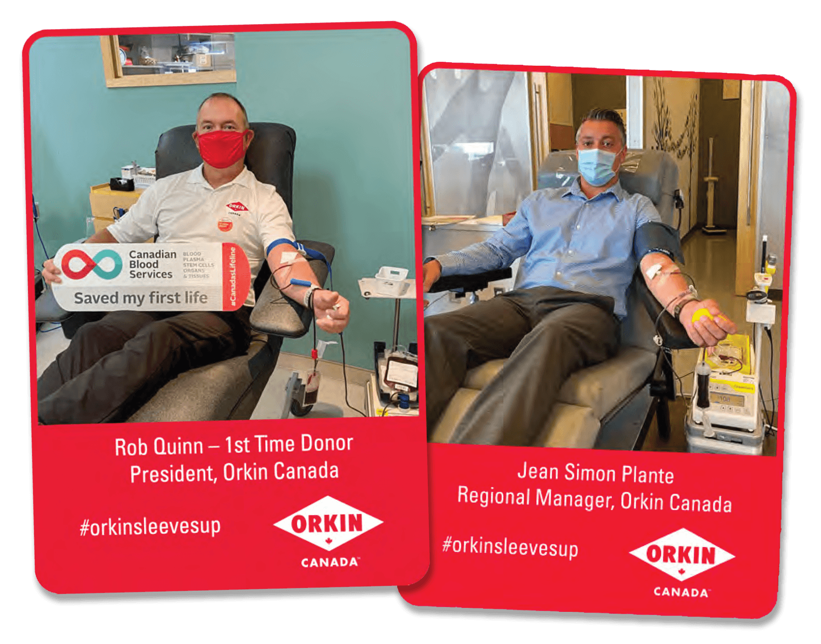 Images of Orkin Canada President Rob Quinn and Regional Manager of Eastern Canada Jean Simon Plante donating blood